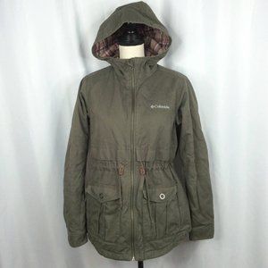 Columbia Jacket Womens S Olive Green Cotton Plaid Flannel Lined Hooded Military